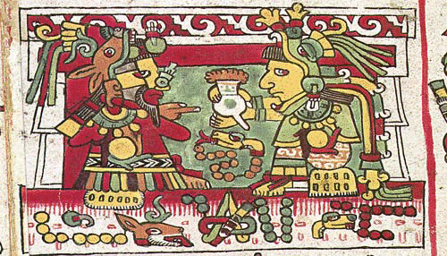 Mit einer Tasse Kakao wirbt der mixtekische Prinz Jaguarkralle um seine Braut. Aus dem Codex Nutall.